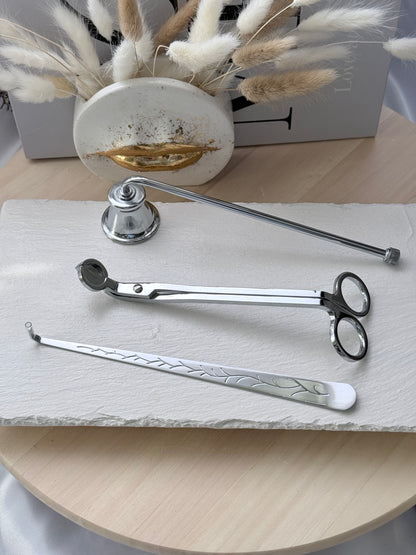 Set plateado de herramientas para el cuidado de velas