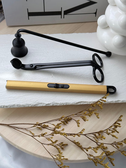 Set moderno en negro y dorado para el cuidado de velas