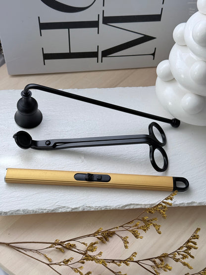 Set moderno en negro y dorado para el cuidado de velas